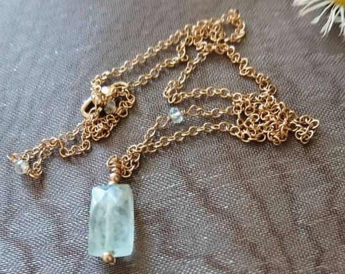 Faceted aquamarine oblong pendant necklace, blue gemstone, March birthday gift for daughter, for girlfriend, for niece