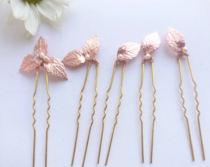 Rose gold leaf hairpins with freshwater pearls.