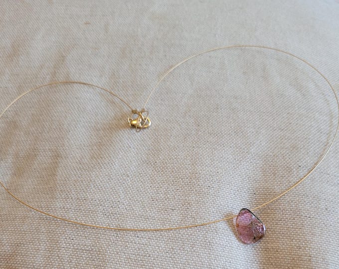 Floating necklace, Pink tourmaline on 24k gold plated wire, one of a kind