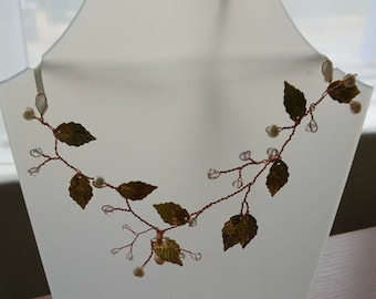 Greek goddess necklace, necklace gold leaves, gold leaf hair, Swarovski gold leaves, rose gold wire necklace, woodland wedding, bride boho