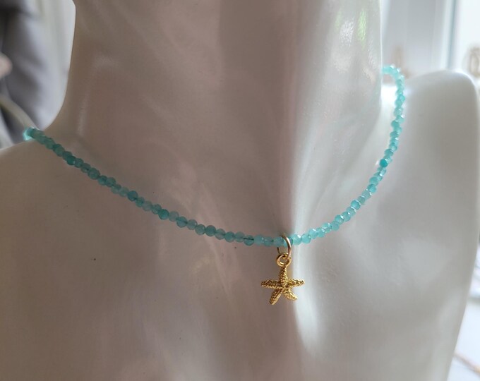 Summer blue beaded necklace, Amazonite necklace with gold vermeil starfish charm, jewellery for vacation, minimal accessory,