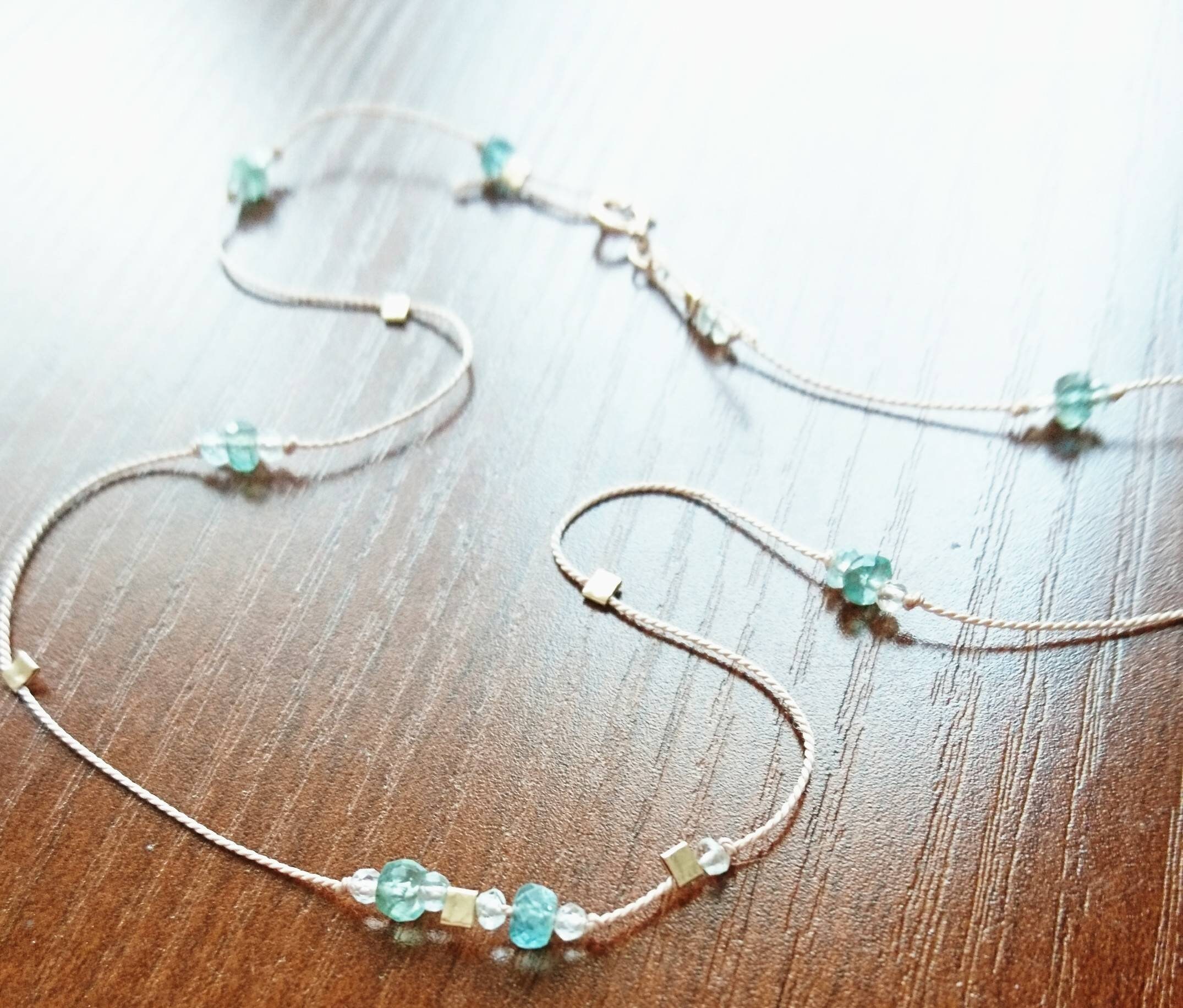 Silk cord necklace with emerald, moonstone and aquamarine, multi