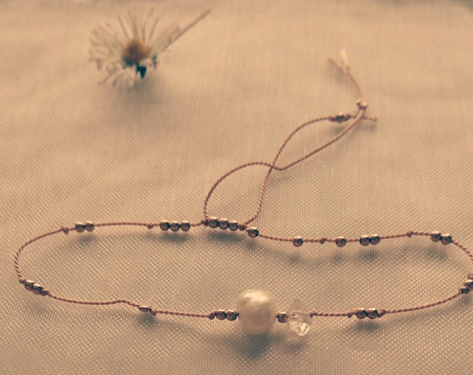 Silk cord bracelet herkimer diamond, pearl and rose gold filled beads, June birthday gift for her, dainty silk bracelet, silk jewellery gift