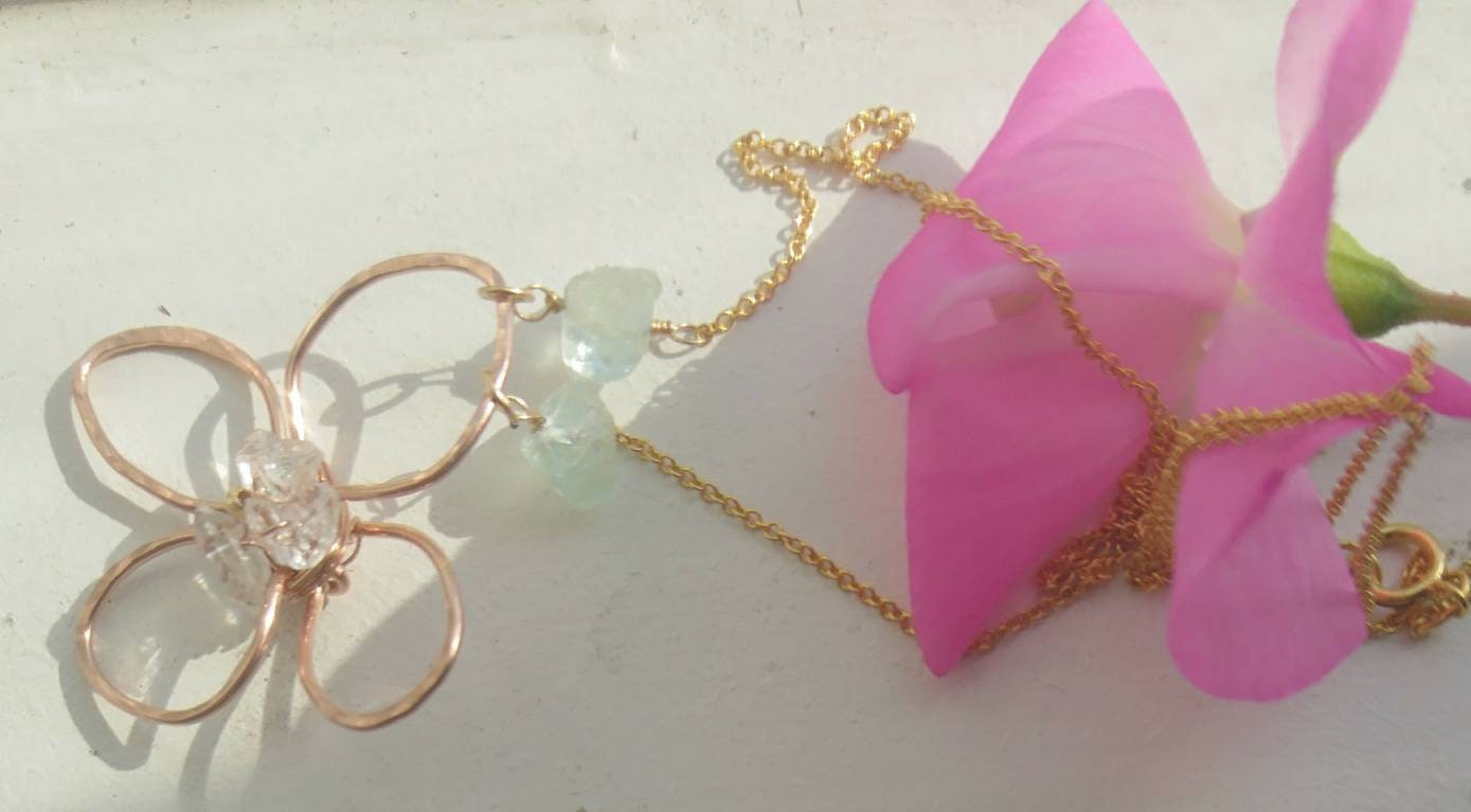 Flower pendant with herkimer diamonds, aquamarine necklace, summer