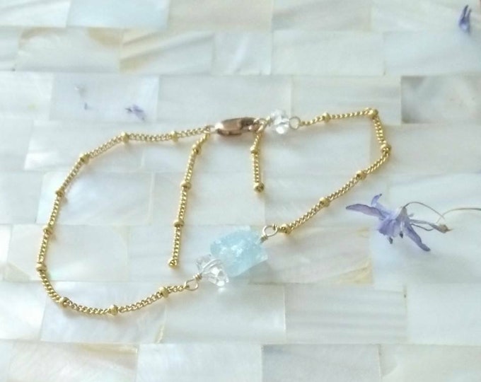 Aquamarine bracelet with herkimer diamond satellite chain, stacking bracelet with March birthstone,