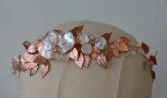 Rose Gold Leaf Bridal Headdress: Pearl & Crystal Hair Vine 