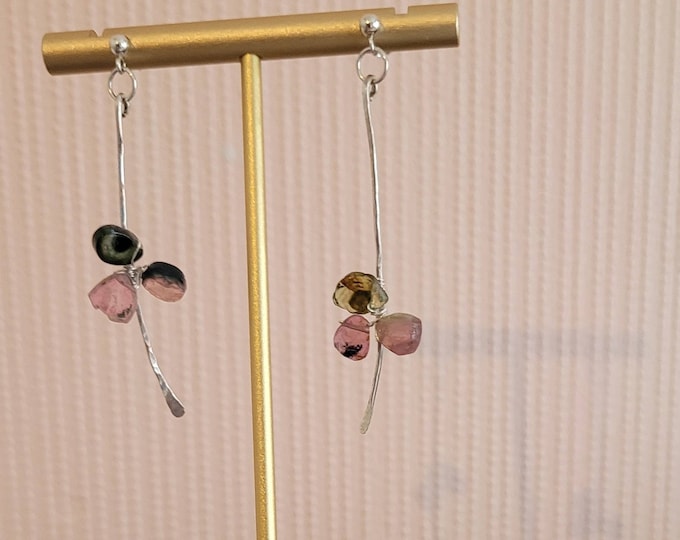 Asymmetrical watermelon tourmaline sterling silver earrings, minimal chic, modern dangly earrings