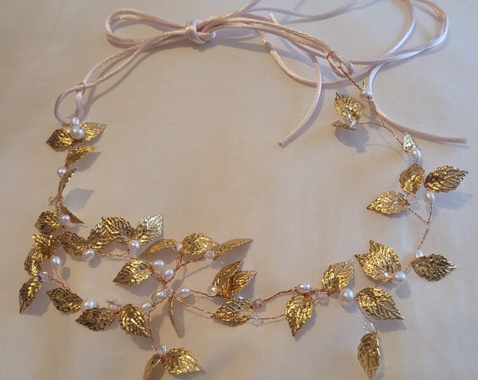 Gold leaf headband,goddess headdress, gold leaf headpiece, hairvine bridal,Grecian, gold leaves, freshwater pearls and Swarovski.