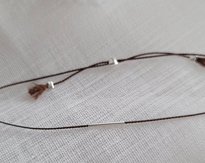 Silver bar bracelet, silk cord jewelry, minimal chic