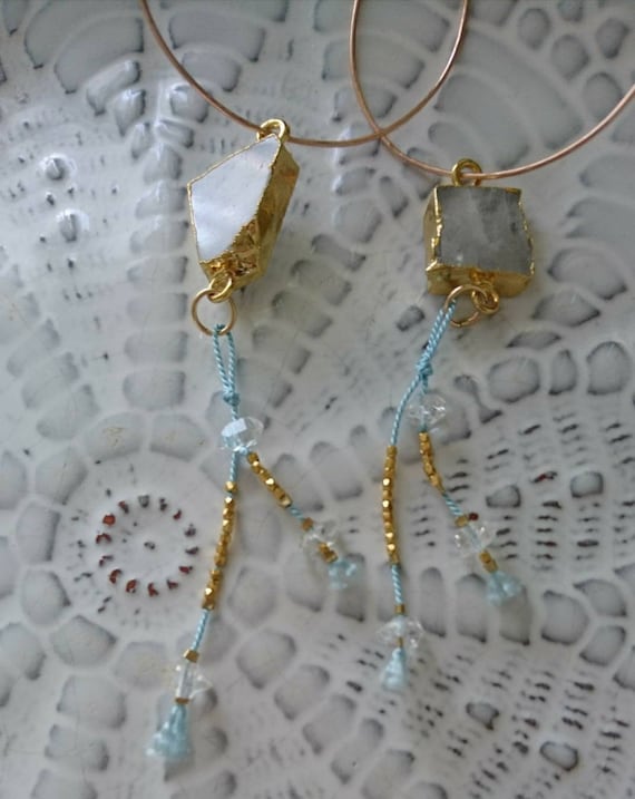 Moonstone hoop earrings, hoop earrings with charms, herkimer diamond and moonstone, multi gem jewellery, April birthstone, boho glam summer