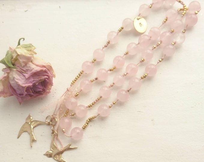 Rose quartz mala beads necklace/wrap bracelet with swallow charms