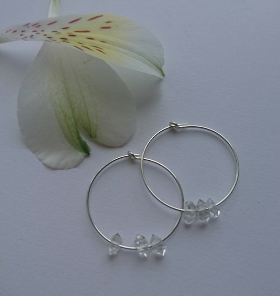 Hoop earrings with herkimer diamonds, skinny hoops, minimal jewelry, recycled sterling silver