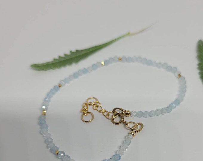 Faceted aquamarine bracelet with lucky 7 yellow gold vermeil style nuggets and personalised tag