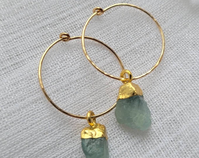 Hoop earrings with raw aquamarine-aquamarine earrings- interchangeable-gold hoops-gift for her