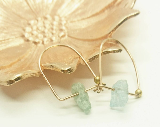 Aquamarine arch earrings, March birthday gift, raw stone jewellery