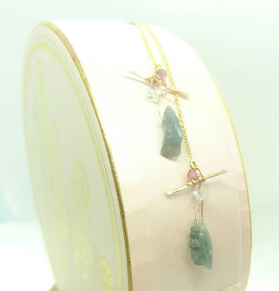Santa Maria aquamarine drop earrings with herkimer diamonds and pink tourmaline