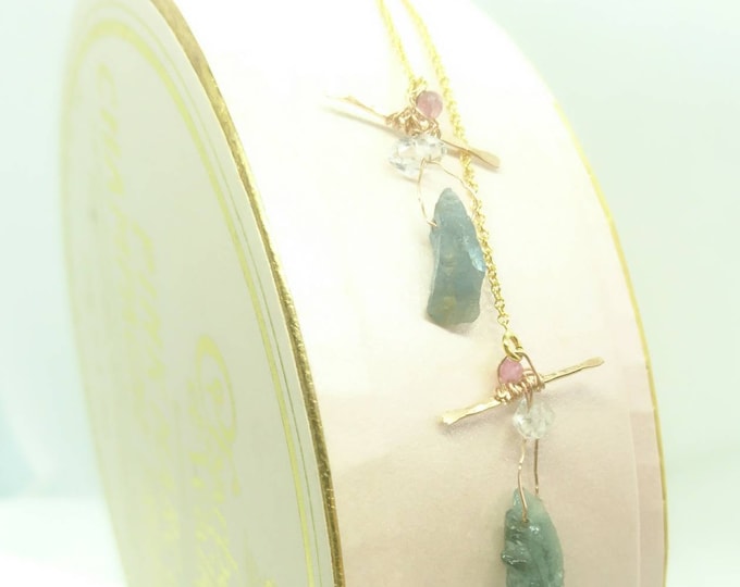 Santa Maria aquamarine drop earrings with herkimer diamonds and pink tourmaline