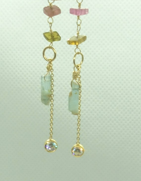 Valentine Heart earrings with watermelon tourmaline and aquamarine, delicate earrings, heart jewelry