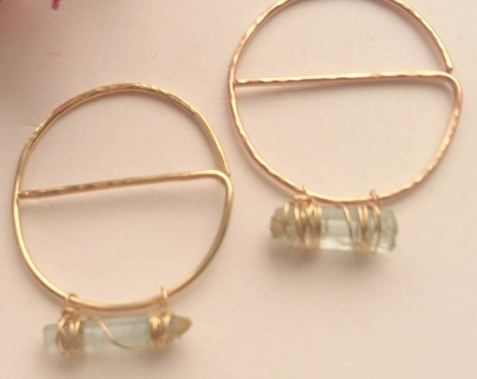 Geometric threader earrings in 14k rose gold fill, raw aquamarine hoops