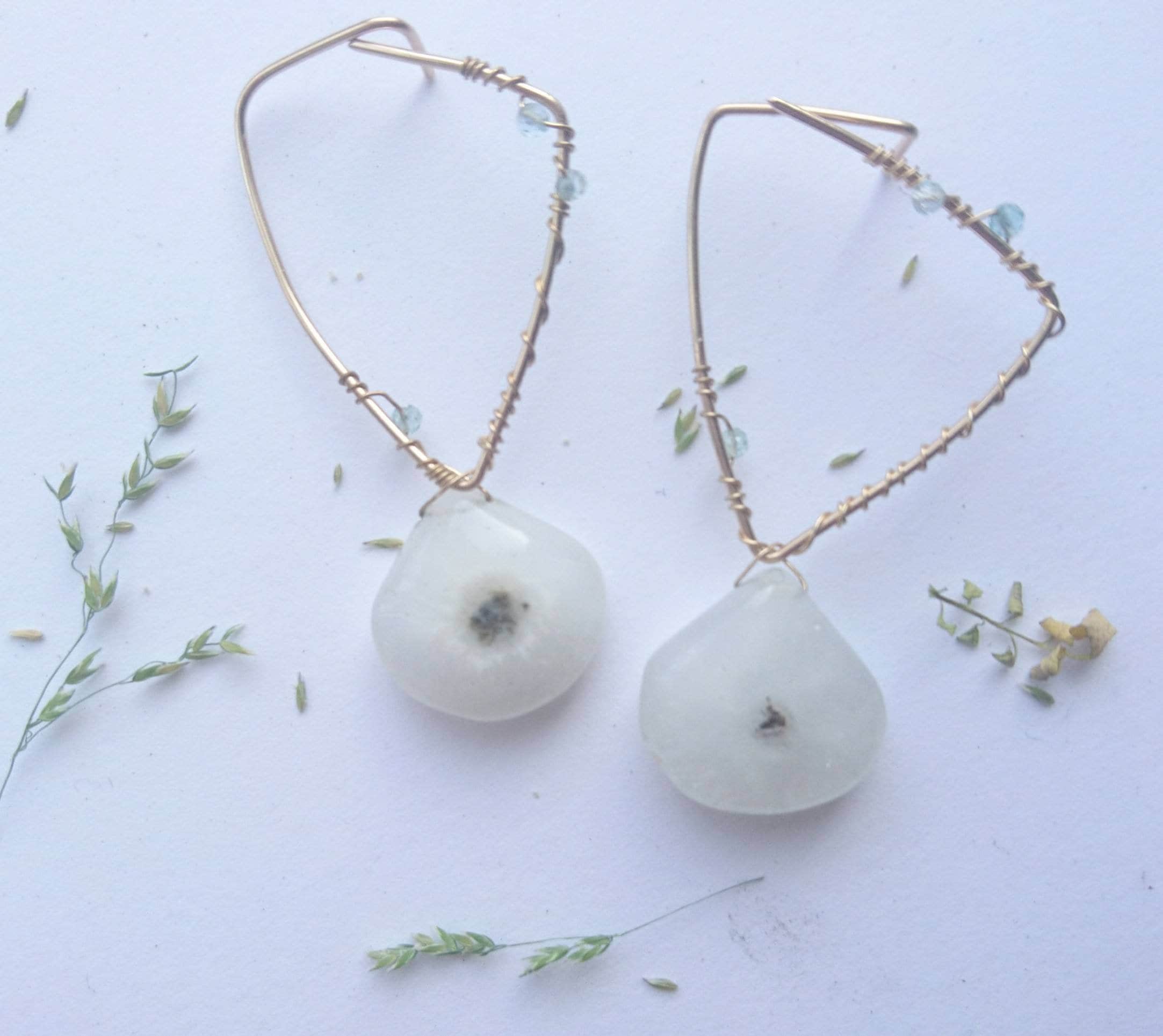 Solar quartz long open leaf earrings with tiny apatite beads, crystal