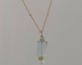 Aquamarine and raw diamond pendant with vermeil accents, charm necklace, satellite chain, blue gemstone