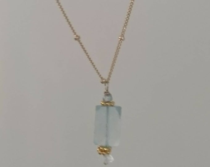 Aquamarine and raw diamond pendant with vermeil accents, charm necklace, satellite chain, blue gemstone