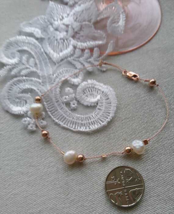Silk cord pearl and rose gold bracelet, wedding jewellery, silk cord jewellery, dainty, bridal jewellery, gift for her, minimalist