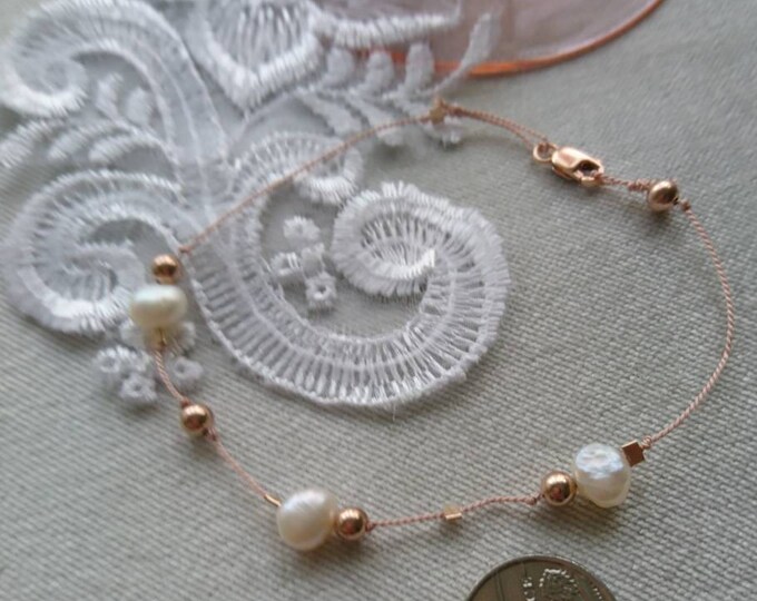 Silk cord pearl and rose gold bracelet, wedding jewellery, silk cord jewellery, dainty, bridal jewellery, gift for her, minimalist