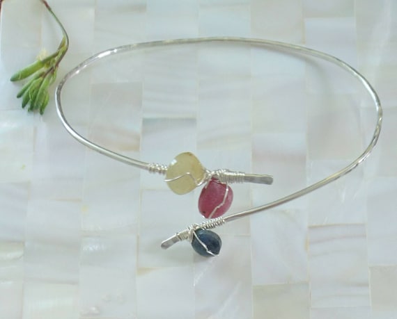 Sapphire bangle in sterling silver, multi coloured sapphire jewellery, September birthday gift for her, birthstone jewellery for September,