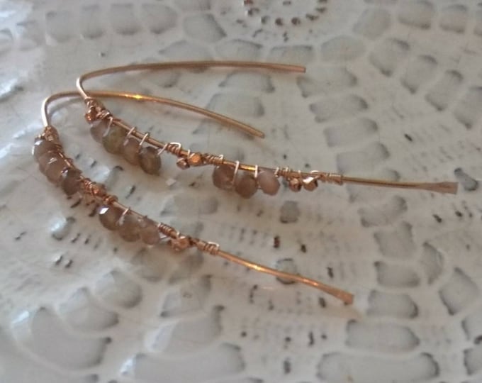 Arc earrings with chocolate moonstone and gold vermeil style nuggets, beaded threader earrings, asymmetrical