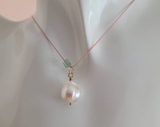 Large pearl pendant on cord, Baroque pearl and green tourmaline on silk cord, June birthstone gift for her, anniversary gift, bride