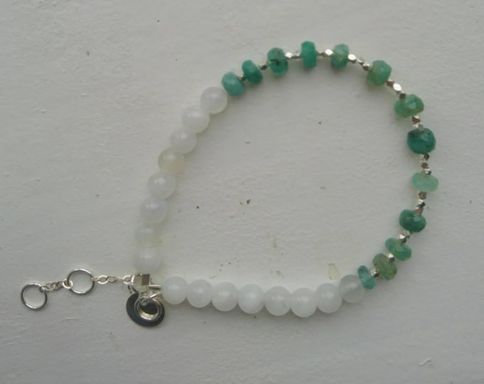 Raw emerald bracelet with moonstone and sterling silver nuggets