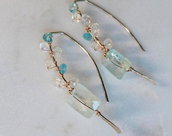 Silver arc earrings with aquamarine moonstone and apatite, sterling silver stick earrings, multi gemstone jewelry, Christmas gift for her