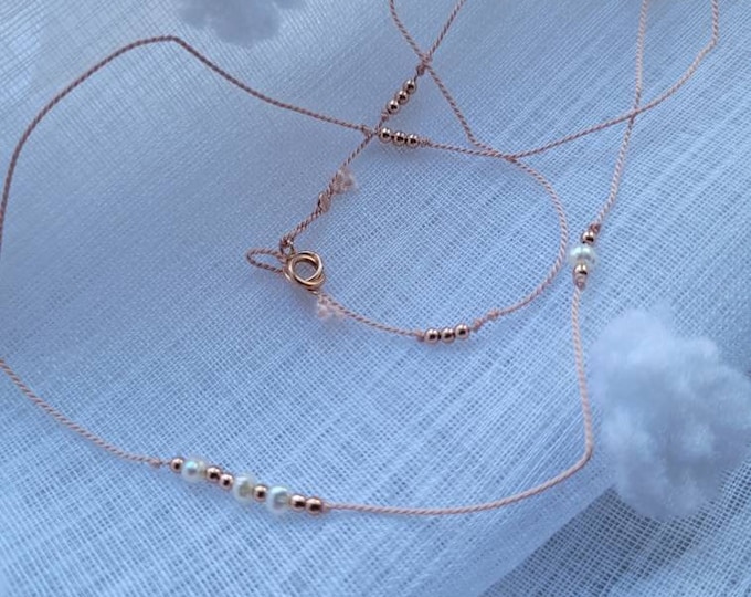 Silk cord necklace with pearls and rose gold filled beads, June dainty necklace, June birthstone jewellery, silk necklace bride, minimalist