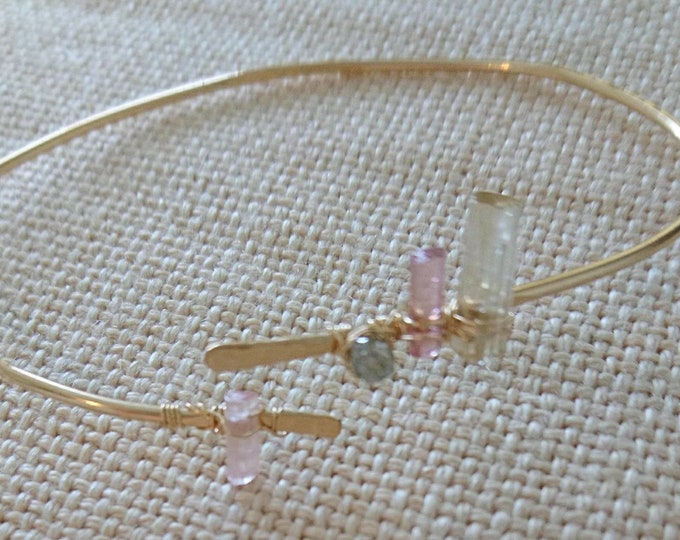 Raw diamond and watermelon tourmaline bangle, raw gemstone jewelry, boutique jewellery,gold fill bracelet,boho summer, contemporary elegance