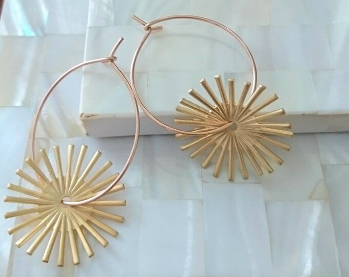 Sunburst earrings, hoops with charms, gold plated celestial jewellery, goddess accessories, goddess, changeable hoops, boho glam