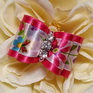 Bouquet by Dog Bows and More. Pink bow with multi colored flowers. Shih Tzu, Yorkie, Maltese,Biewer dog hair bow with rhinestone centerpiece