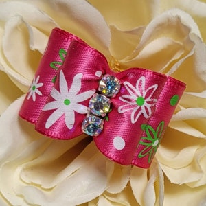 Dog Bows and More &quot;Retro&quot; dog topknot bow in Pink, white & green. For Shih Tzu, Yorkie, Biewer Terrier, Maltese or small breed dog.