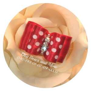 Dog Bows and More &quot;Lucy&quot; topknot dog show bow. Red dotted bow, dog hair bow, fancy bow, puppy bow, elegant dog bow, Yorkie bow, show bow.