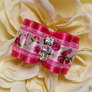Dog Bows and More &quot;Pink Flowers&quot; dog show bow for Yorkie, Biewer Terrier, Shih Tzu, or Maltese. Rhinestone middle.