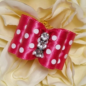 Dog Bows and More &quot;Lolly&quot; dog bow in pink and white polka dots with rhinestones for Shih Tuz, Yorkie, Biewer Terrier, Poodle, and Maltese