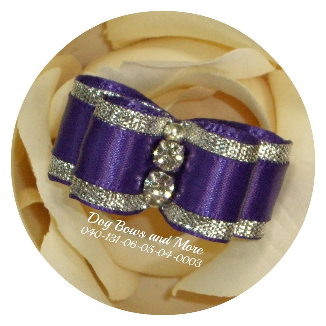 Dog Bows and More petunia Puppy Size Purple and Silver Show Bow With