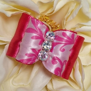 Misha dog bow in hot pink and white. Shih Tzu, Yorkie, Biewer Terrier, Maltese or other small breed hair bow. Rhinestone centerpiece.