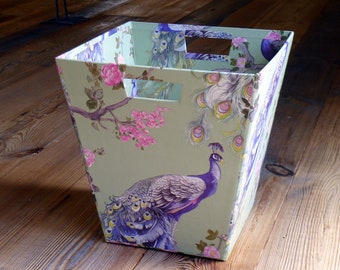Waste Paper Bin/Basket in NEW DESIGN Peacocks Green - Home Storage Handmade in England