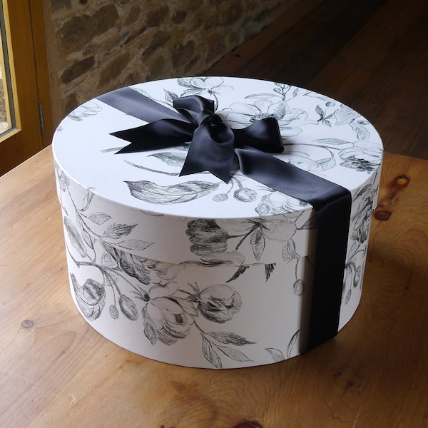 Large Edwardian Style Hat Box in Sketchbook Black & White Design | Handmade in England