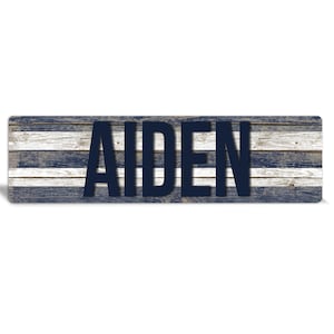 Personalized Kids Name Sign: Navy Blue Striped Wood, Boys Room Decor
