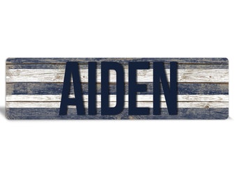 Personalized Kids Name Sign: Navy Blue Striped Wood, Boys Room Decor