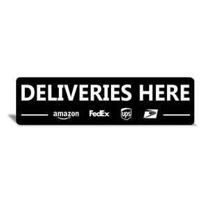Black Deliveries Here Metal Sign: Outdoor Directional Delivery Sign