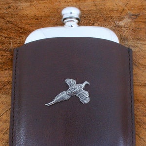 Pheasant Pewter 4 oz Kidney Hip Flask In Brown Leather Pouch Father&#39;s Day Father&#39;s Day Gift Personalised Free Engraving  268 pf