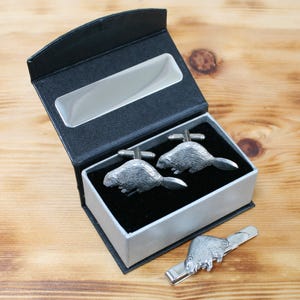 Handmade Pewter Beaver Cufflinks & Tie Clip Set: Wildlife Gift